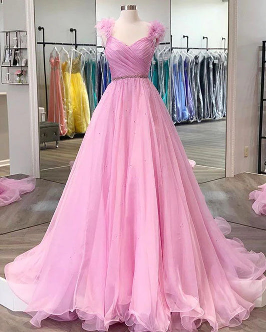 A Line/Princess Prom Dress With 3D Flowers Tulle Skirt Beaded Bodice