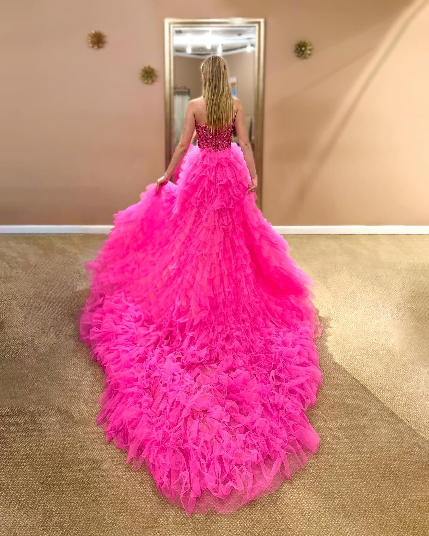 Hot Pink High Low Prom Dress with Beaded Bodice