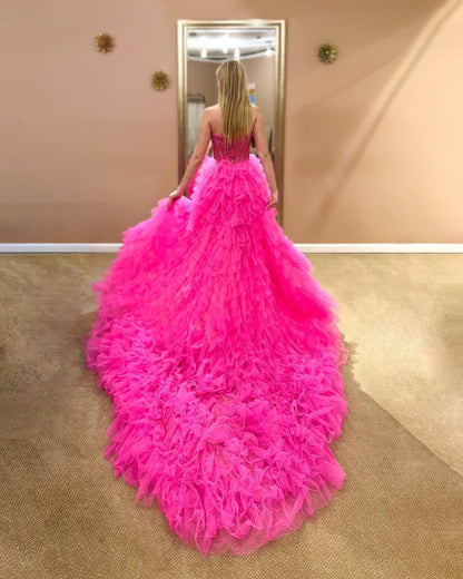 Hot Pink High Low Prom Dress with Beaded Bodice