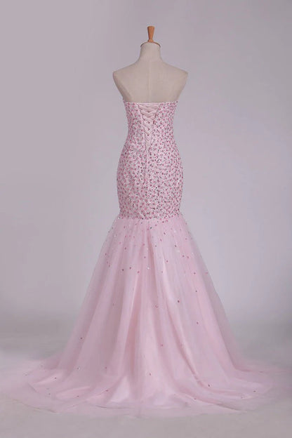 Sweetheart Party Dresses Beaded Bodice Mermaid Sweep Train Tulle