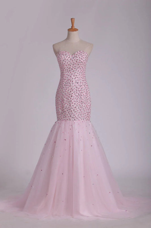 Sweetheart Party Dresses Beaded Bodice Mermaid Sweep Train Tulle
