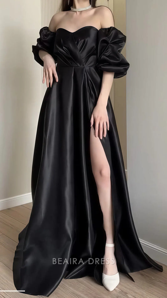 Beaira Elegant Sweetheart A-line Black Prom Dress With Bubble Sleeves formal wear dresses