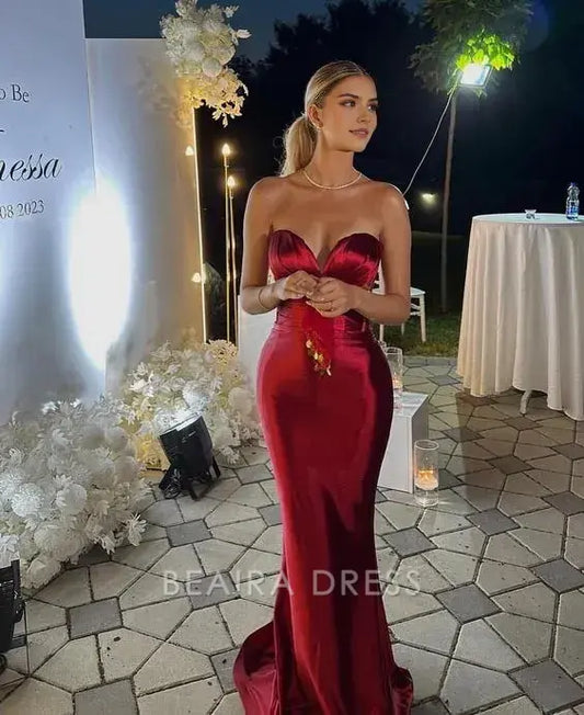 Beaira Elegant Sweetheart Mermaid Red Satin Long Prom Dresses formal wear dresses
