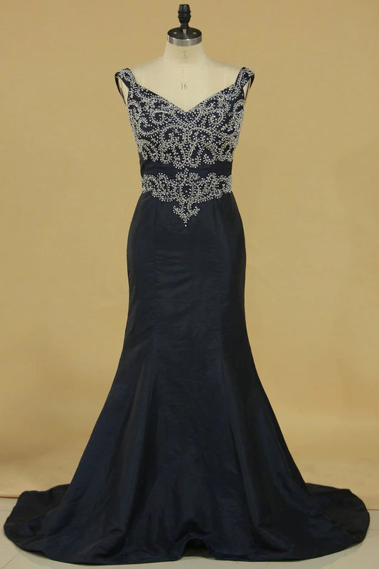 Taffeta Straps Mermaid Sweep Train Plus Size Party Dresses