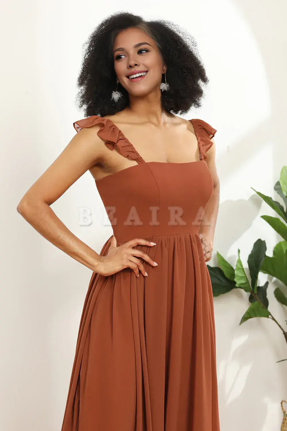 Beaira Terracotta A-Line Floor Length Chiffon Bridesmaid Dress With Ruffles Bridesmaid dress shop