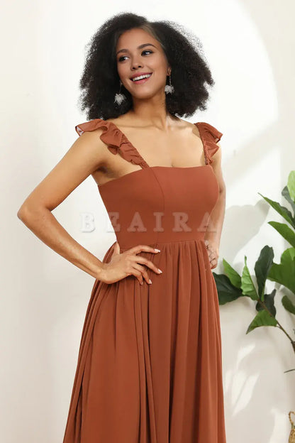 Beaira Terracotta A-Line Floor Length Chiffon Bridesmaid Dress With Ruffles Bridesmaid dress shop