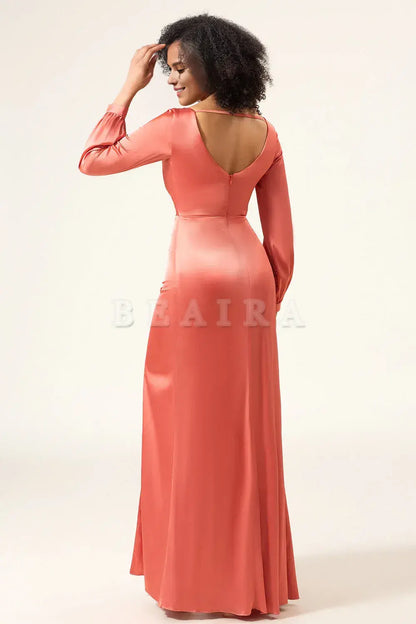 Beaira Terracotta A-Line V-Neck Satin Bridesmaid Dress With Slit Bridesmaid dress shop