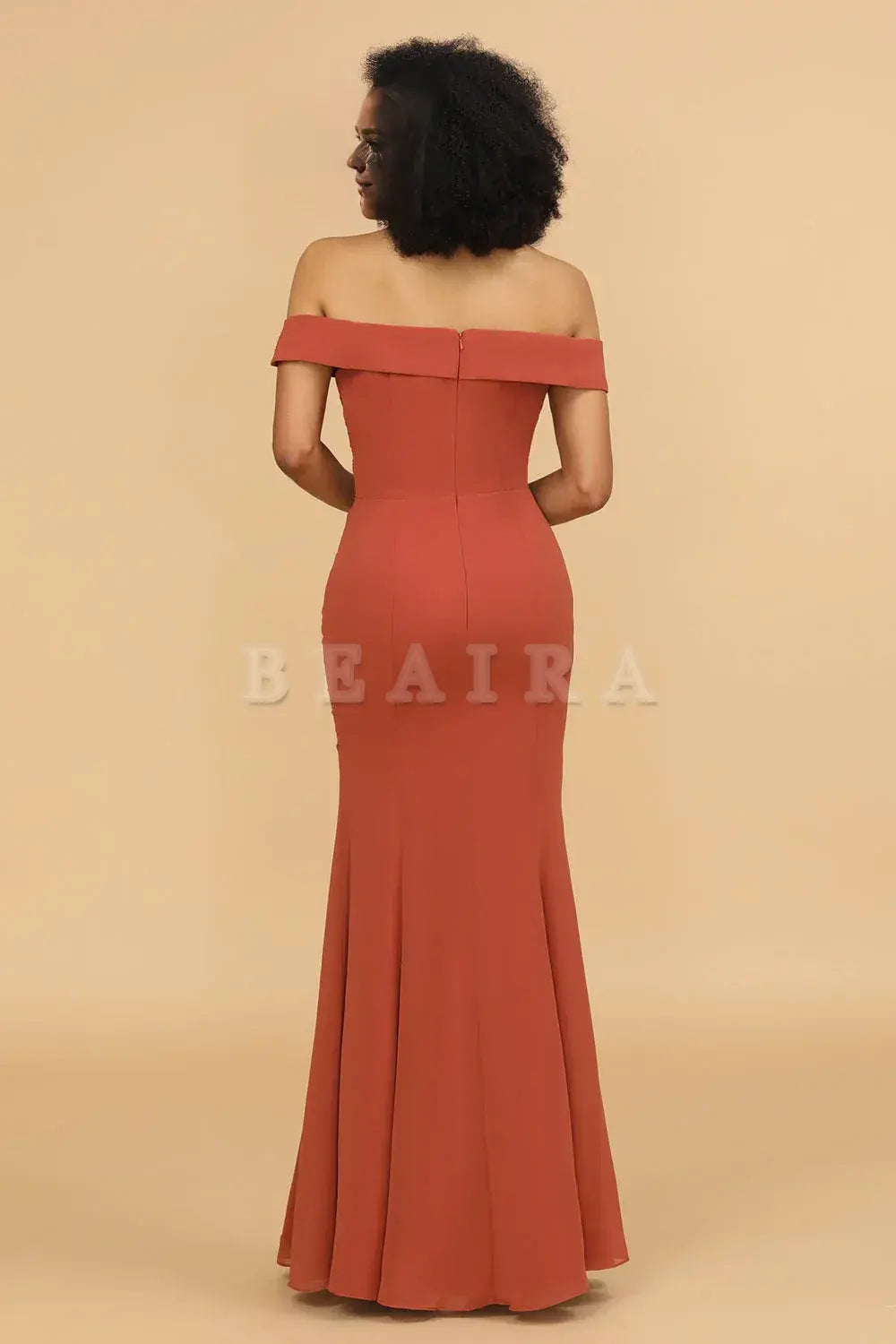 Beaira Terrocotta Mermaid Off The Shoulder Long Chiffon Bridesmaid Dress Bridesmaid dress shop