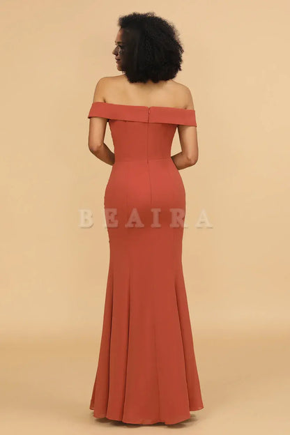 Beaira Terrocotta Mermaid Off The Shoulder Long Chiffon Bridesmaid Dress Bridesmaid dress shop