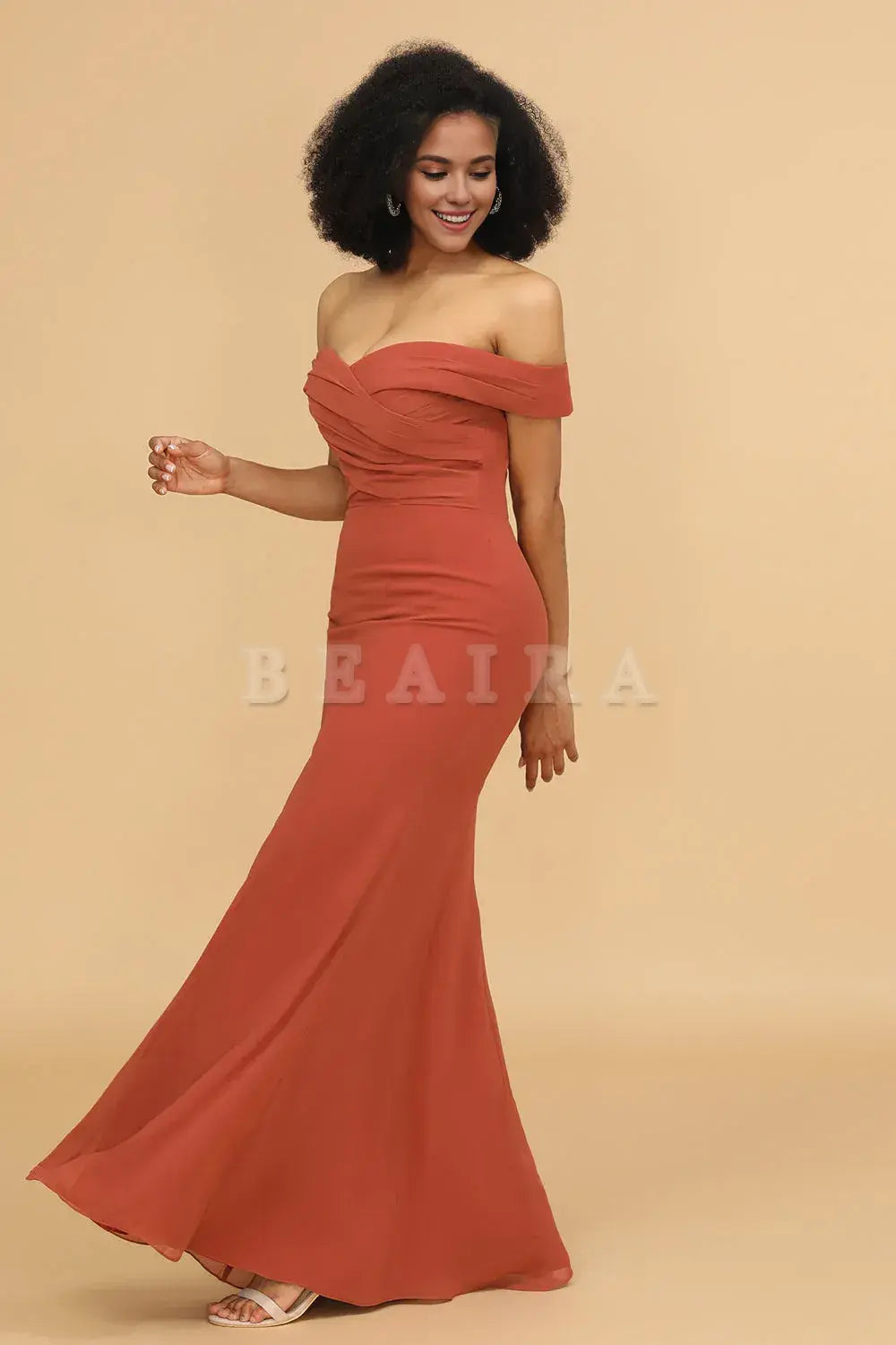 Beaira Terrocotta Mermaid Off The Shoulder Long Chiffon Bridesmaid Dress Bridesmaid dress shop