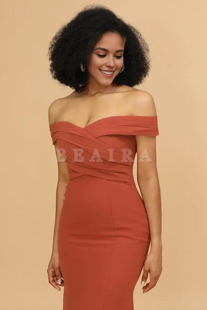 Beaira Terrocotta Mermaid Off The Shoulder Long Chiffon Bridesmaid Dress Bridesmaid dress shop