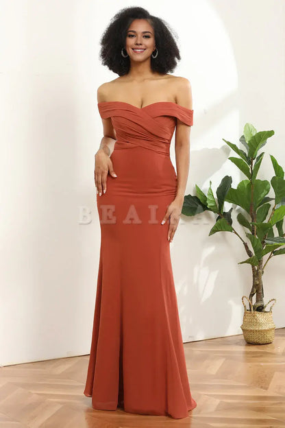 Beaira Terrocotta Mermaid Off The Shoulder Long Chiffon Bridesmaid Dress Bridesmaid dress shop