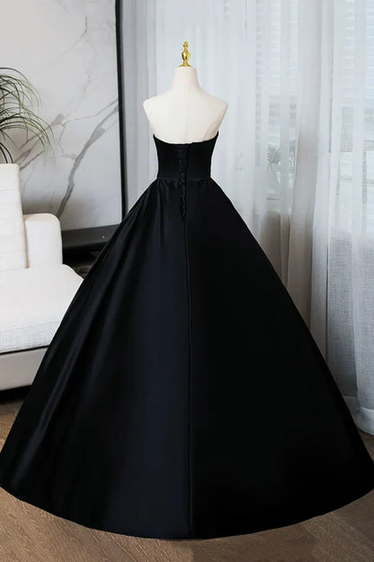 Timeless Strapless Sleeveless Draped Black Satin Long Prom Dresses