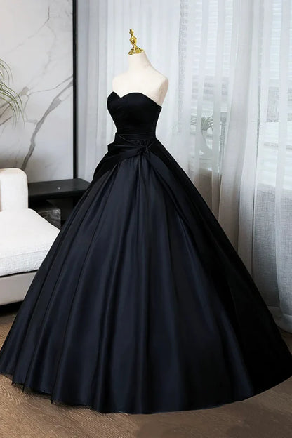 Timeless Strapless Sleeveless Draped Black Satin Long Prom Dresses