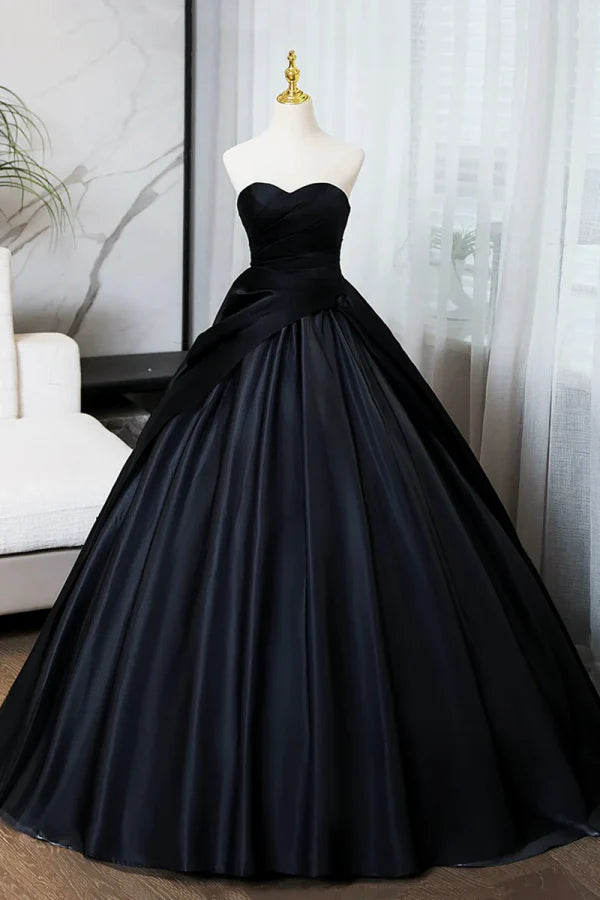 Timeless Strapless Sleeveless Draped Black Satin Long Prom Dresses