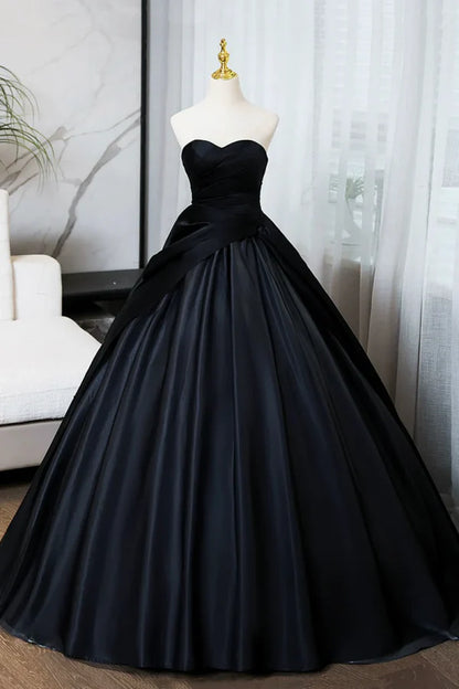 Timeless Strapless Sleeveless Draped Black Satin Long Prom Dresses