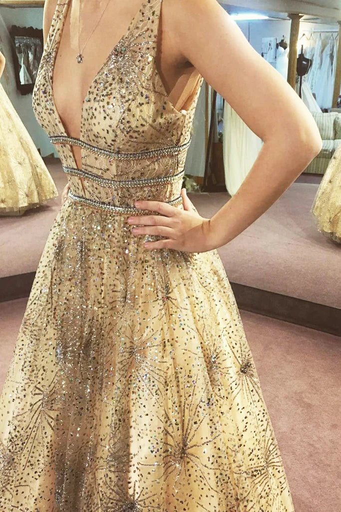Prom Dresses A Line Straps Open Back With Sequins Sweep Train