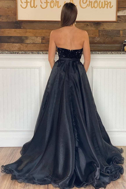 Sequin Strapless Black Prom Dresses Mermaid Sweep Train Detachable
