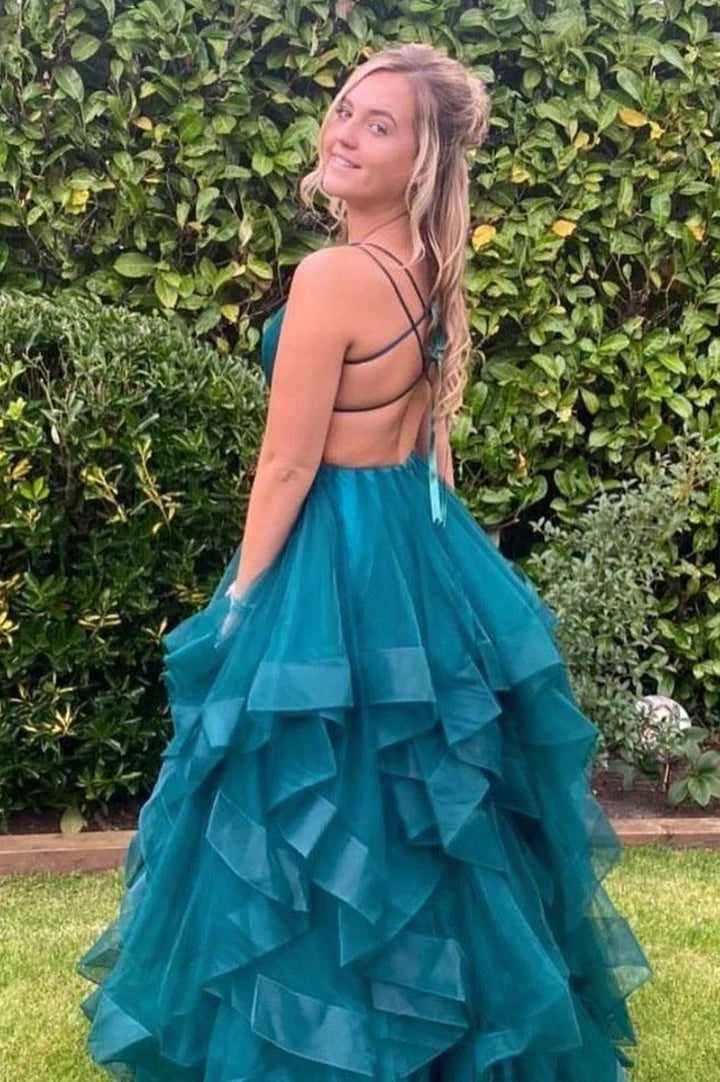 V Neck A Line Prom Dresses With Ruffles