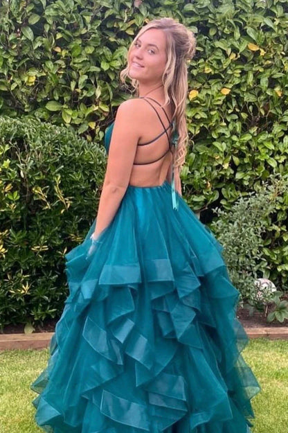 V Neck A Line Prom Dresses With Ruffles