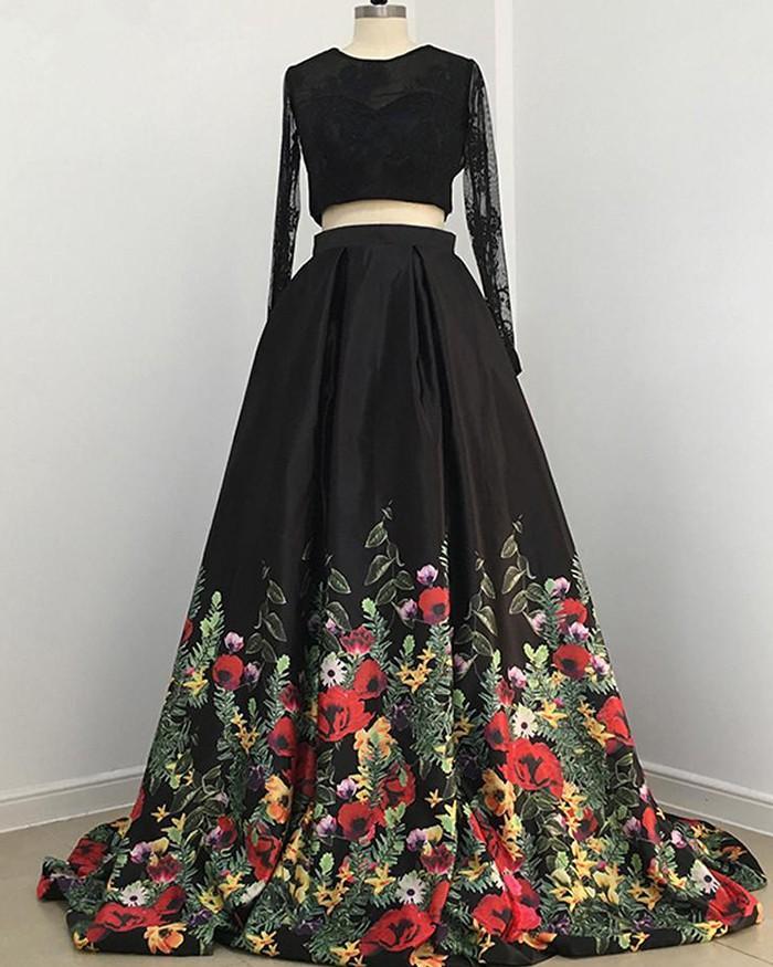 Two Piece Lace Floral Print Black Sexy Open Back Long Sleeve High Neck Prom Dresses