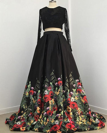 Two Piece Lace Floral Print Black Sexy Open Back Long Sleeve High Neck Prom Dresses