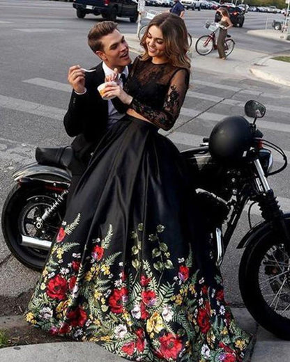 Two Piece Lace Floral Print Black Sexy Open Back Long Sleeve High Neck Prom Dresses