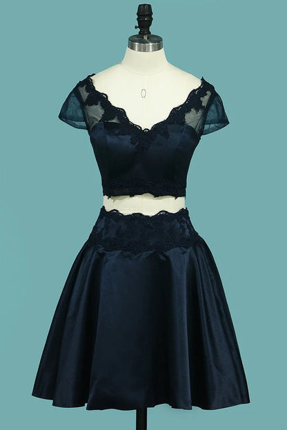 Two-Piece V Neck Cocktail Dresses Satin With Applique A Line