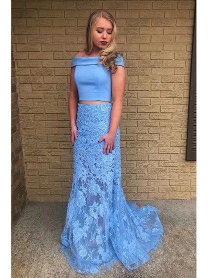 Two Pieces Mermaid Lace Appliques Off the Shoulder Tulle Prom Dresses with