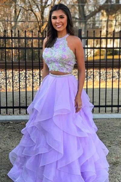 Two Pieces Purple Halter Tulle Backless Scoop A-Line Beads Prom Dresses