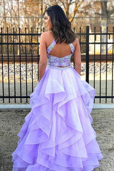 Two Pieces Purple Halter Tulle Backless Scoop A-Line Beads Prom Dresses