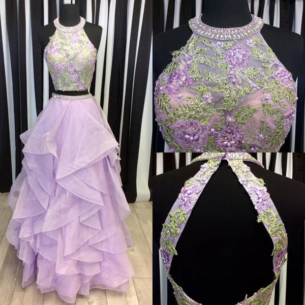 Two Pieces Purple Halter Tulle Backless Scoop A-Line Beads Prom Dresses