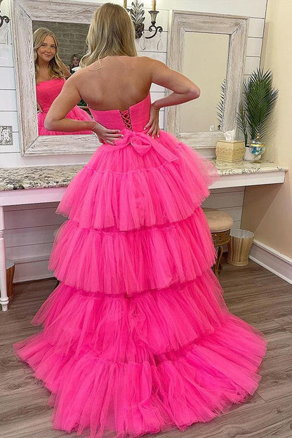 Unique Asymmetrical High Low Strapless Fuchsia Prom Dress with Ruffles