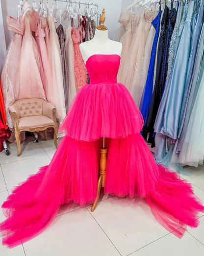 Unique Asymmetrical High Low Strapless Fuchsia Prom Dress with Ruffles