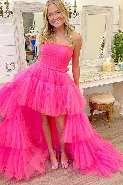 Unique Asymmetrical High Low Strapless Fuchsia Prom Dress with Ruffles
