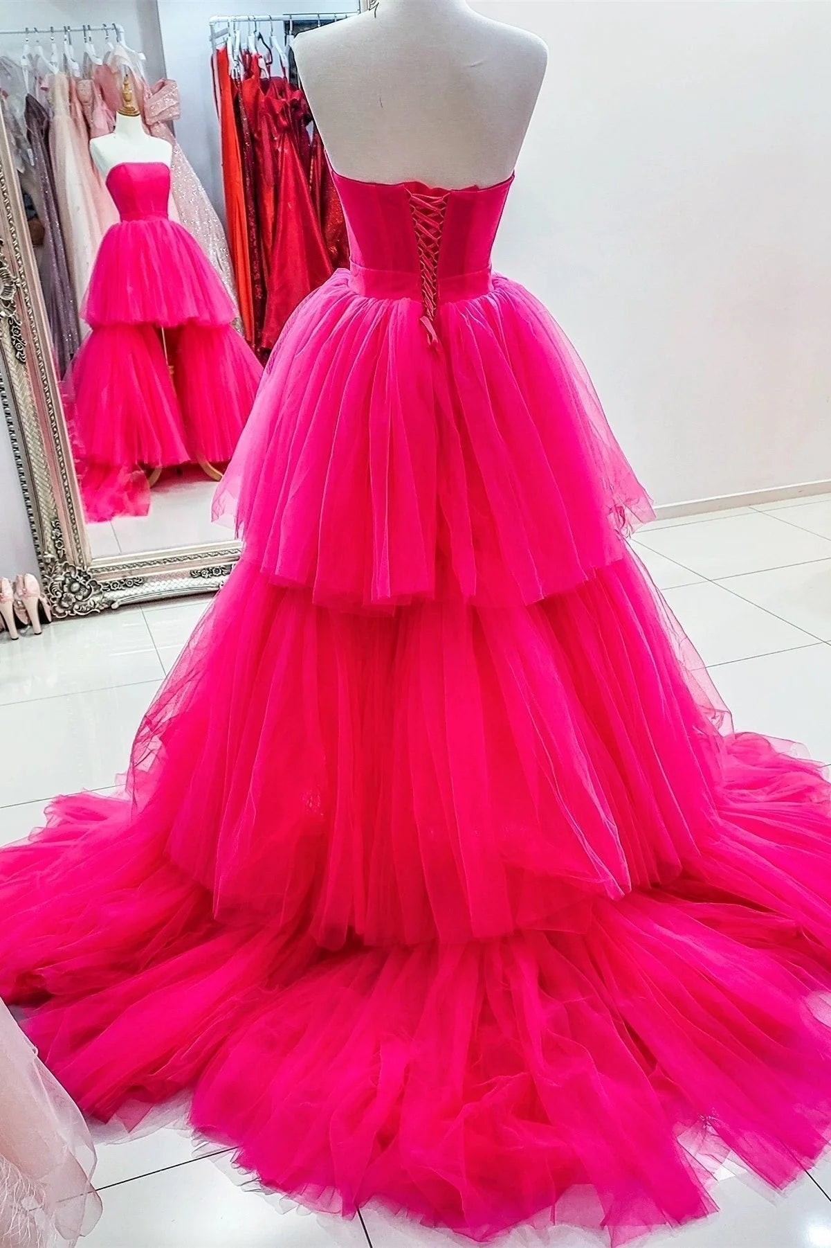 Unique Asymmetrical High Low Strapless Fuchsia Prom Dress with Ruffles