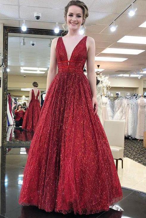Unique Burgundy Sequins Tulle Prom Dress V Neck A Line Backless Prom Dresses