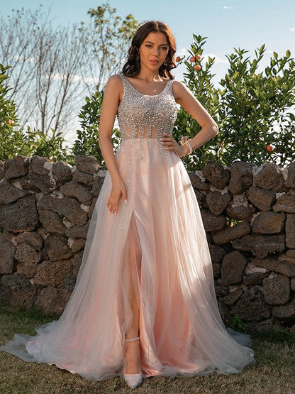 Unique Custom Ball Gown Long Scoop Backless Beaded Bodice Tulle Long Prom Dresses