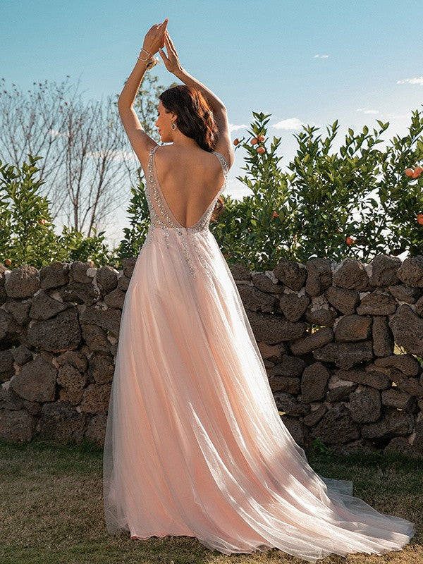 Unique Custom Ball Gown Long Scoop Backless Beaded Bodice Tulle Long Prom Dresses