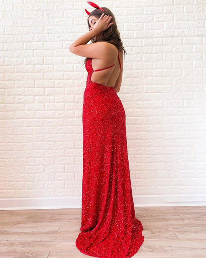Mermaid Spaghetti Straps Embroidery Red Satin Sequins V Neck Long Prom Dresses