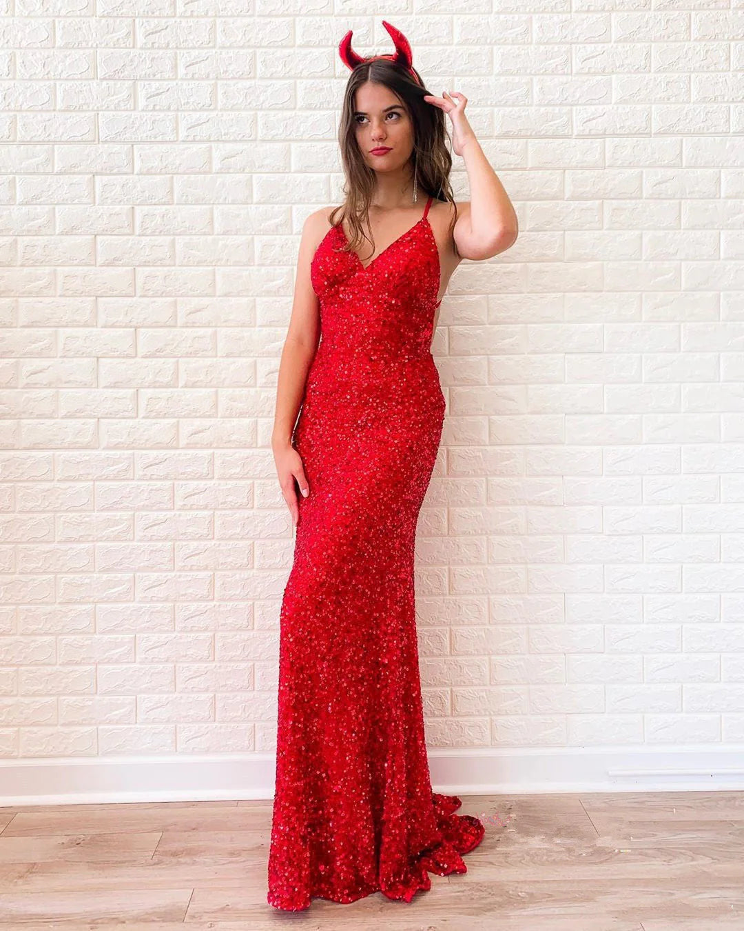 Mermaid Spaghetti Straps Embroidery Red Satin Sequins V Neck Long Prom Dresses