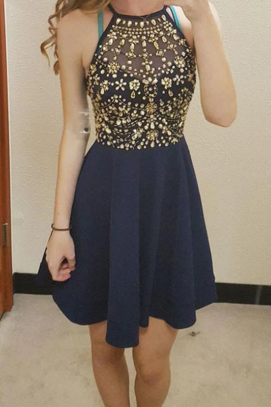 Unique Round Neck Rhinestones Short Dark Blue Chiffon Homecoming Dresses