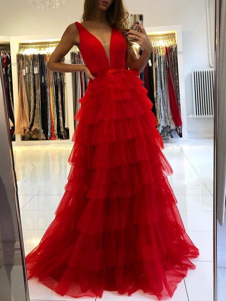 V Neck Red Ruffles Tulle Layered Skirt Prom Dresses