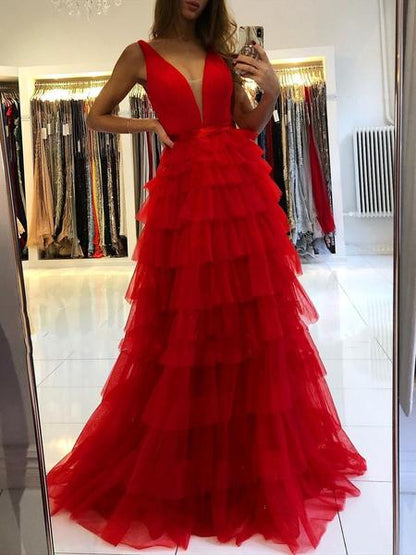 V Neck Red Ruffles Tulle Layered Skirt Prom Dresses