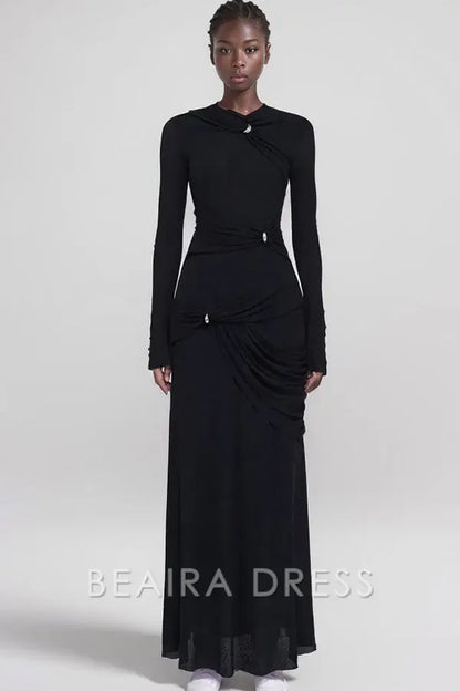 Beaira Unique Graceful Metallic Knot Ruched Detail Jersey Evening Maxi Dress - Black