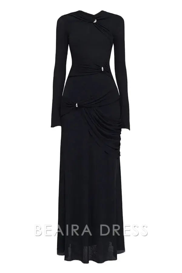 Beaira Unique Graceful Metallic Knot Ruched Detail Jersey Evening Maxi Dress - Black