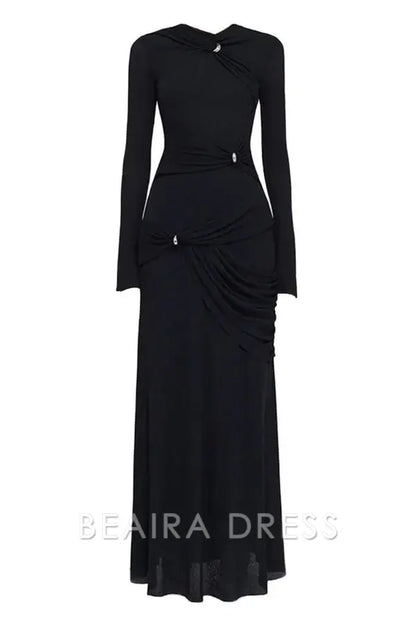 Beaira Unique Graceful Metallic Knot Ruched Detail Jersey Evening Maxi Dress - Black