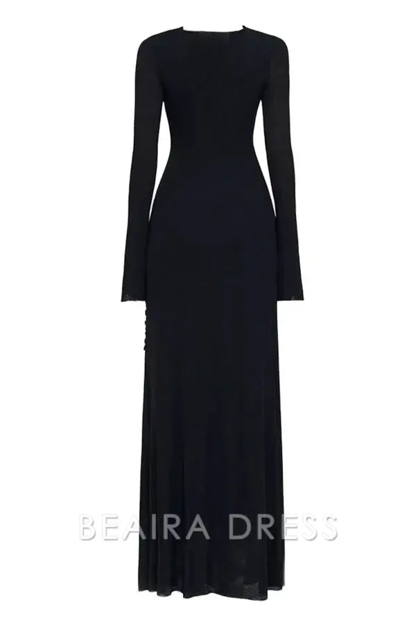 Beaira Unique Graceful Metallic Knot Ruched Detail Jersey Evening Maxi Dress - Black
