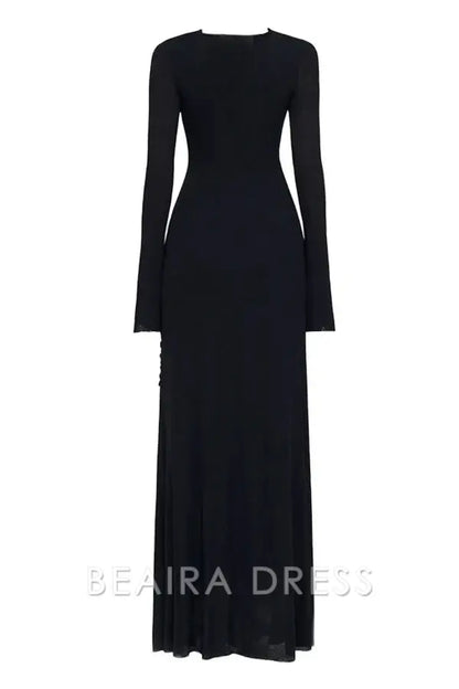 Beaira Unique Graceful Metallic Knot Ruched Detail Jersey Evening Maxi Dress - Black