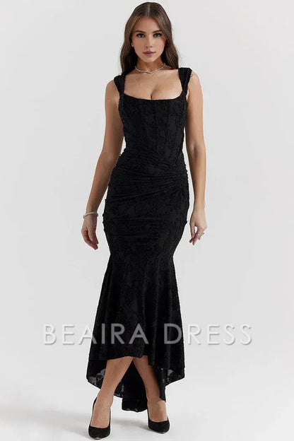 Beaira Unique Luxury Textured Floral Ruched Corset Sleeveless Fishtail Evening Dress - Black